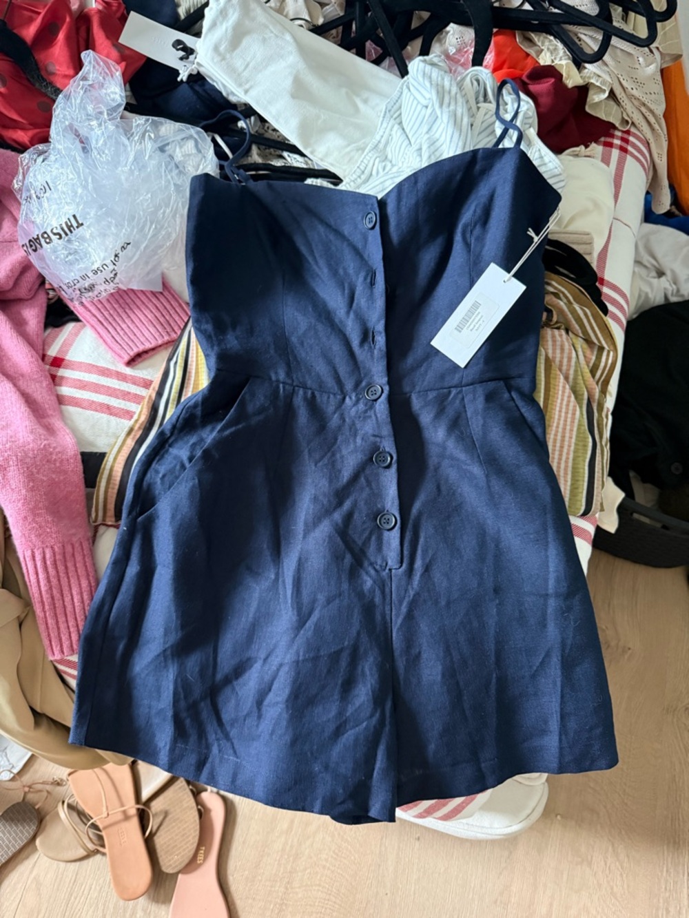 Reformation Bacall Navy Button-Front Romper
